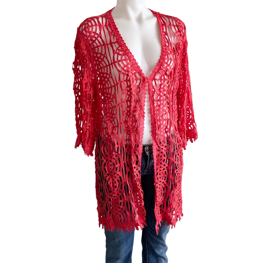 Chicos Travelers Soutache Jacket Island Coral Red Open Cardigan Size 2 L XL